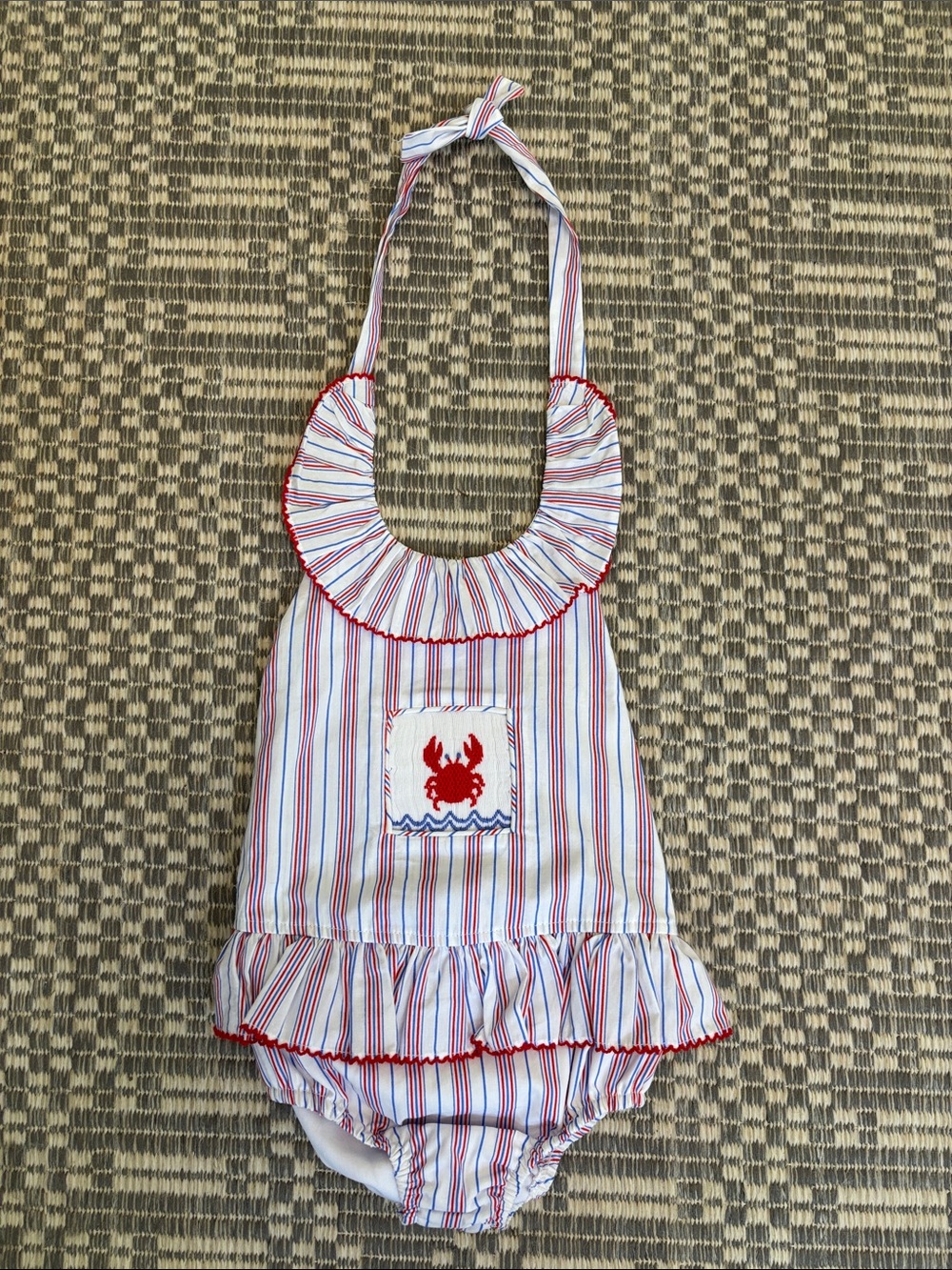 Striped Crab Ruffle Bib Sunsuit in Red & Blue